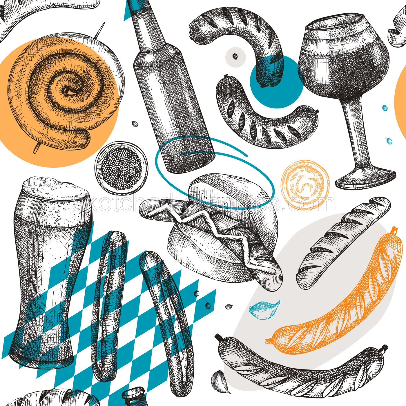 Oktoberfest background with grilled sausage and beer sketches. Hand-drawn fast food illustration. Barbeque party sketched design. German food seamless pattern. Fast food backdrop in collage style Illustration